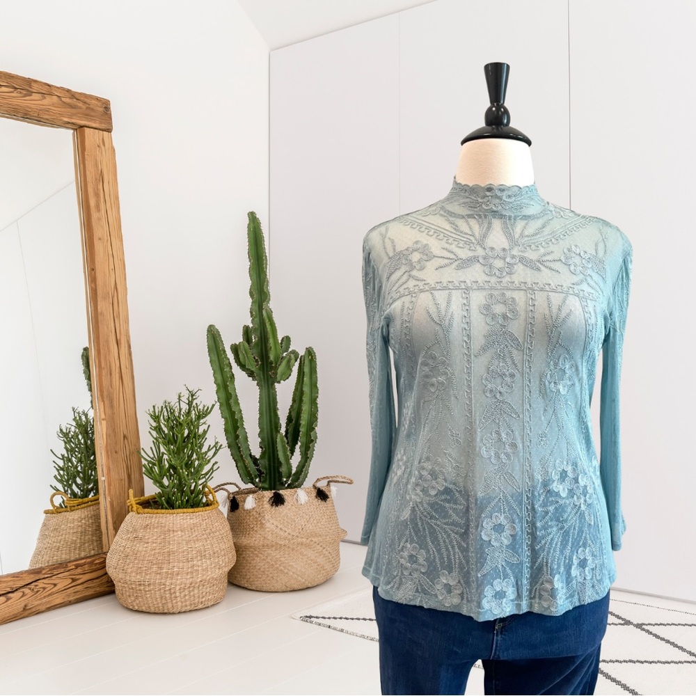 Sundance 3/4 Sleeve Sheer Lace Mock Neck Top